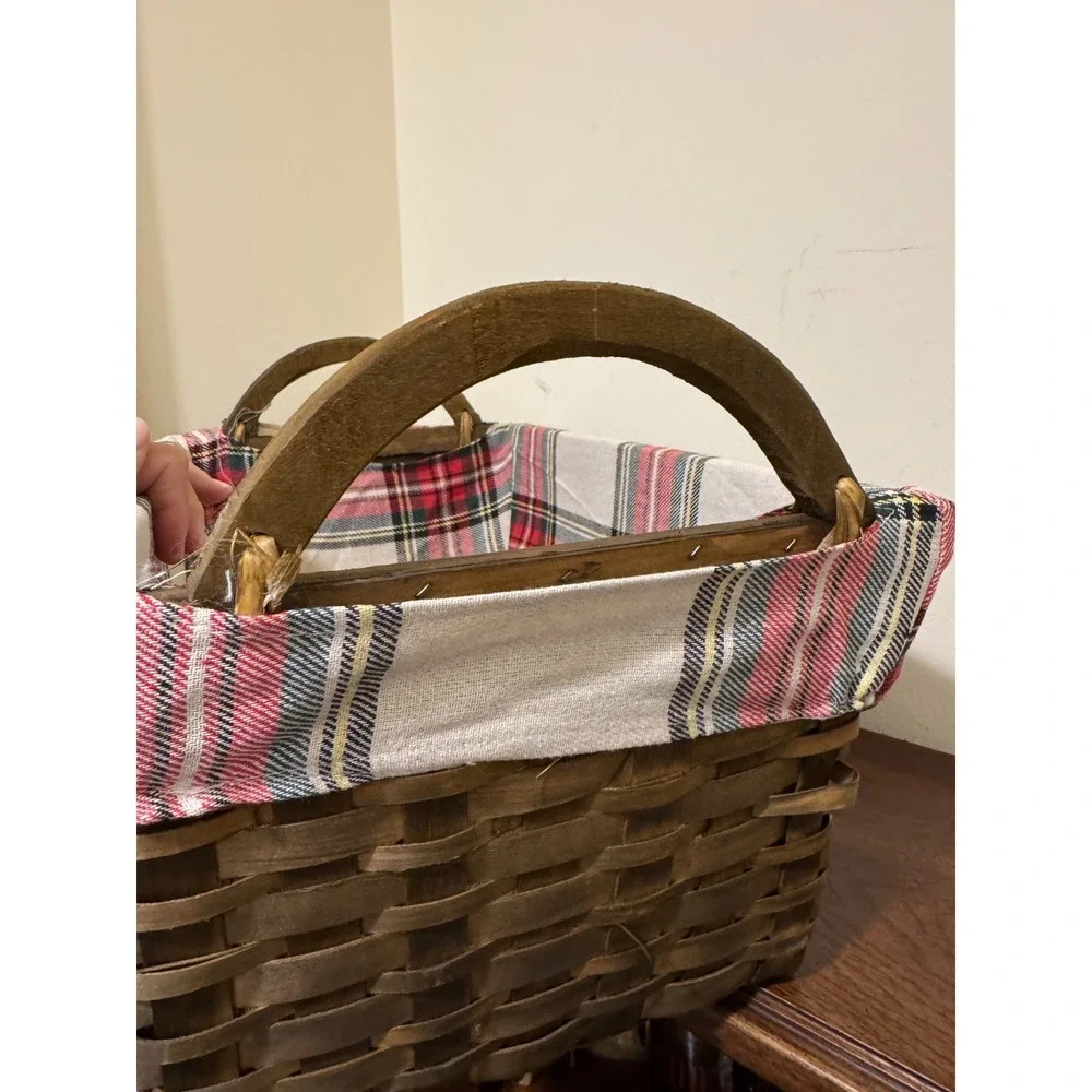 Ashland Christmas Flannel Plaid Lined Woven Basket Wooden Handles 17x11 Storage